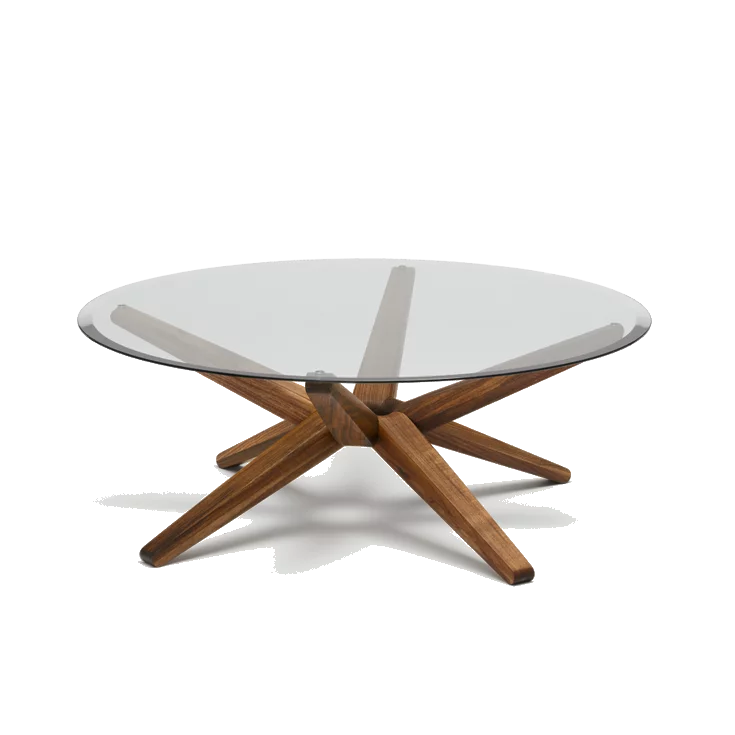 Couchtisch stern aus Holz Nussbaum mit rundem Glas moderner Couchtisch stern aus Holz Nussbaum mit runder Glasplatte