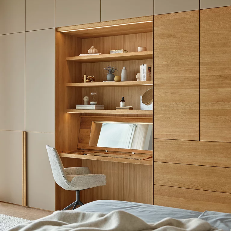 hinge door wardrobe with intermediate unit solid wood dressing table and with the lui plus chair lunetto hinged door wardrobe with intermediate unit illuminated dressing table in oak wood and with the upholstered lui plus chair with swivel base in matt black