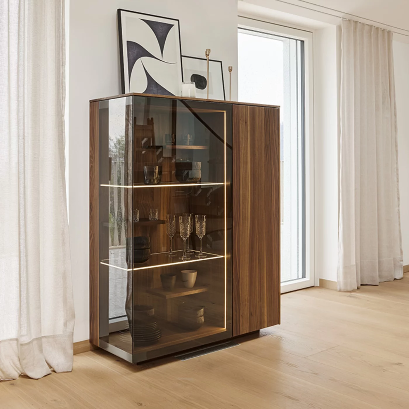 display cabinet in walnut with smoked glass on an elegant pedestal elegant filigno display cabinet in walnut with stylishly illuminated smoked glass, including pedestal
