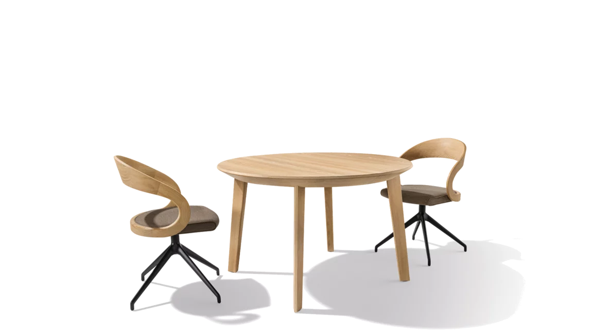 round dining table made of natural wood with comfortable chairs miró round dining table made of natural wood in oak white oil with comfortable girado chairs