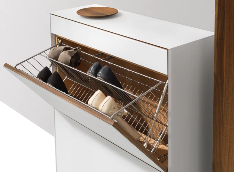 cubus pure shoe flap chest of drawers in coloured glass with key tray in walnut cubus pure shoe flap chest of drawers in walnut with glass panelling, shoe rack and key tray