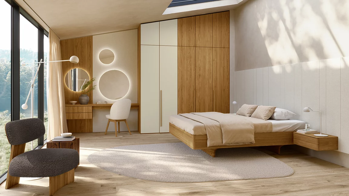 Hinge-door wardrobe in modern solid wood Bedroom with chair, bed Lounge chair Modern bedroom in oak with soft hinged door wardrobe with greige coloured glass and flor chair with sera snow next to times bed and elliot lounge chair