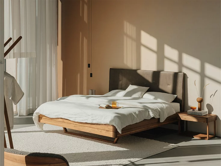 Solid wood bed and bedside cabinet with leather headboard in natural oak oil Float solid wood bed with leather headboard and float bedside cabinet in natural oak oil