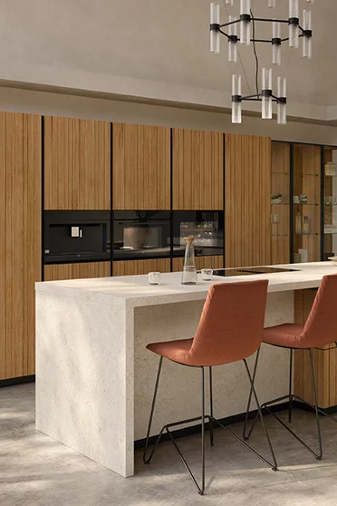 cucina black line in noce con vetro nero opaco e sgabello lui in pelle nera, vista dettagliata