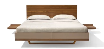 Massivholzbett mit Kopfhaupt, Lederrahmen und Nachttischkonsole riletto Massivholzbett in Nussbaum mit Holzkopfhaupt, Lederrahmen und Nachttischkonsole