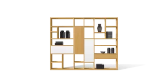 cubus Bücherregal in Eiche mit Drehtür, Klappe und Lade schlichtes cubus Bücherregal aus Massivholz Eiche mit Drehtür, Klappe und Lade