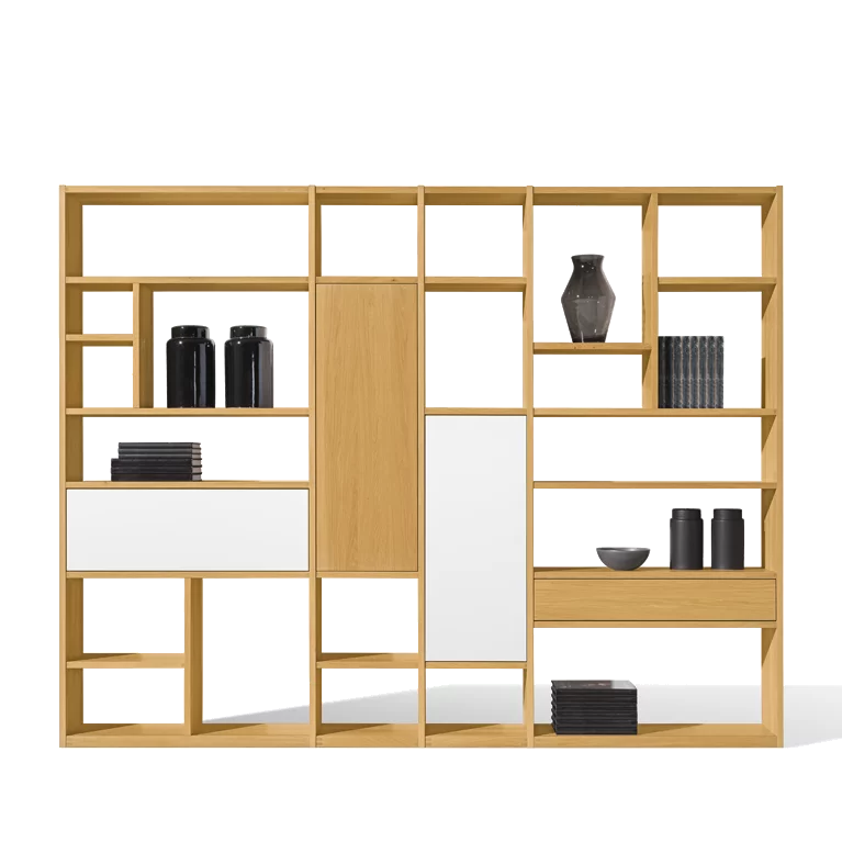 cubus Bücherregal in Eiche mit Drehtür, Klappe und Lade schlichtes cubus Bücherregal aus Massivholz Eiche mit Drehtür, Klappe und Lade