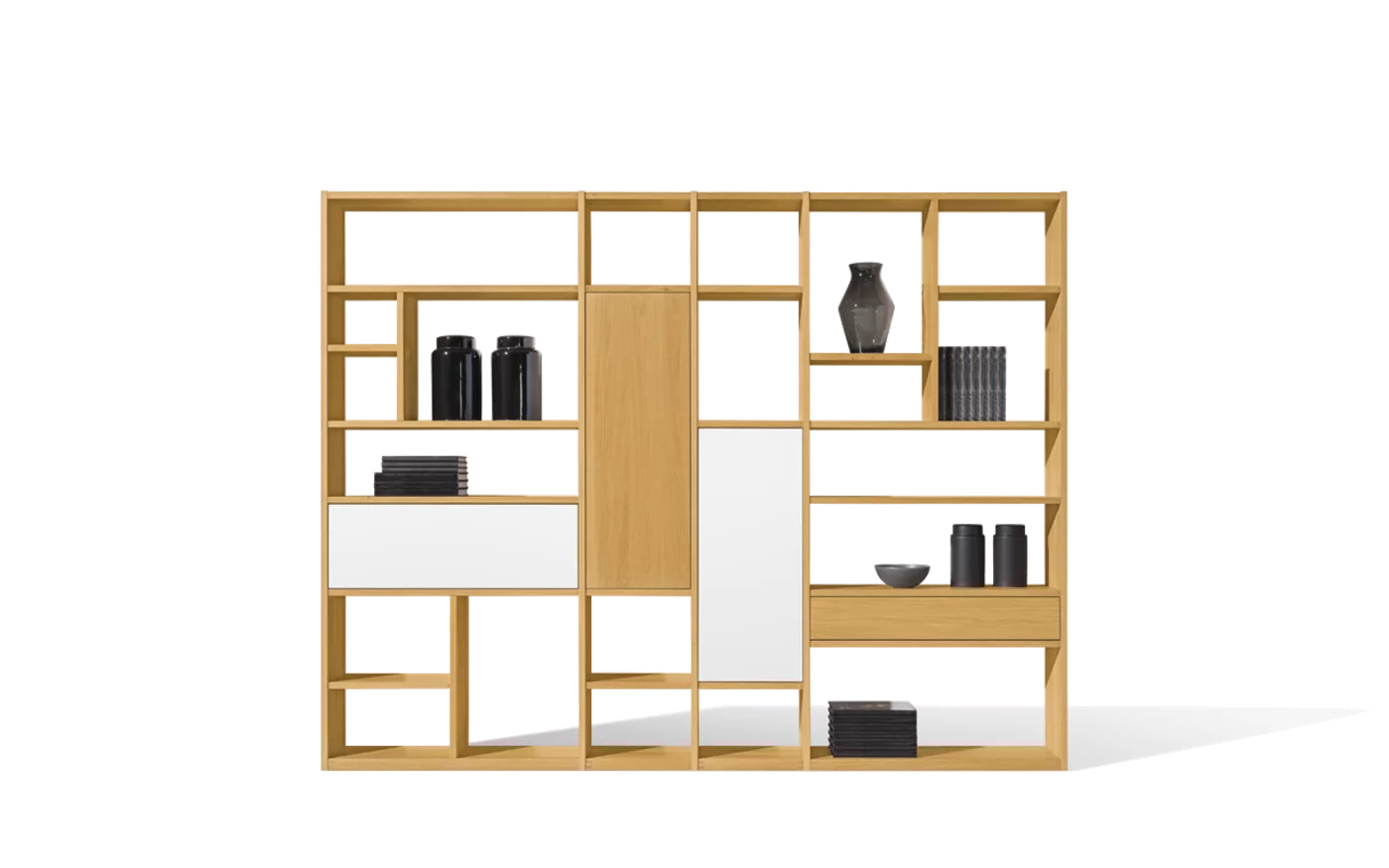 cubus Bücherregal in Eiche mit Drehtür, Klappe und Lade schlichtes cubus Bücherregal aus Massivholz Eiche mit Drehtür, Klappe und Lade