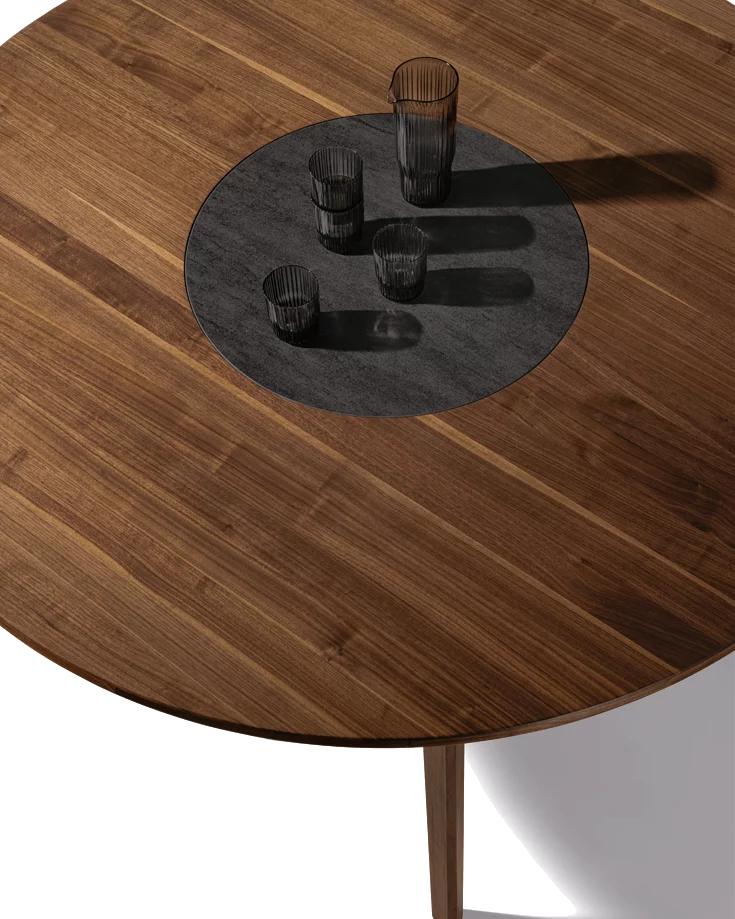 modern solid wood table round in walnut with turntable modern miró dining table made of solid wood round in walnut with integrated turntable