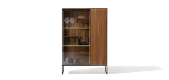 highboard in walnut with smoked glass, framed by a black metal frame modern filigno highboard made of solid walnut with smoked glass, framed by a black metal frame