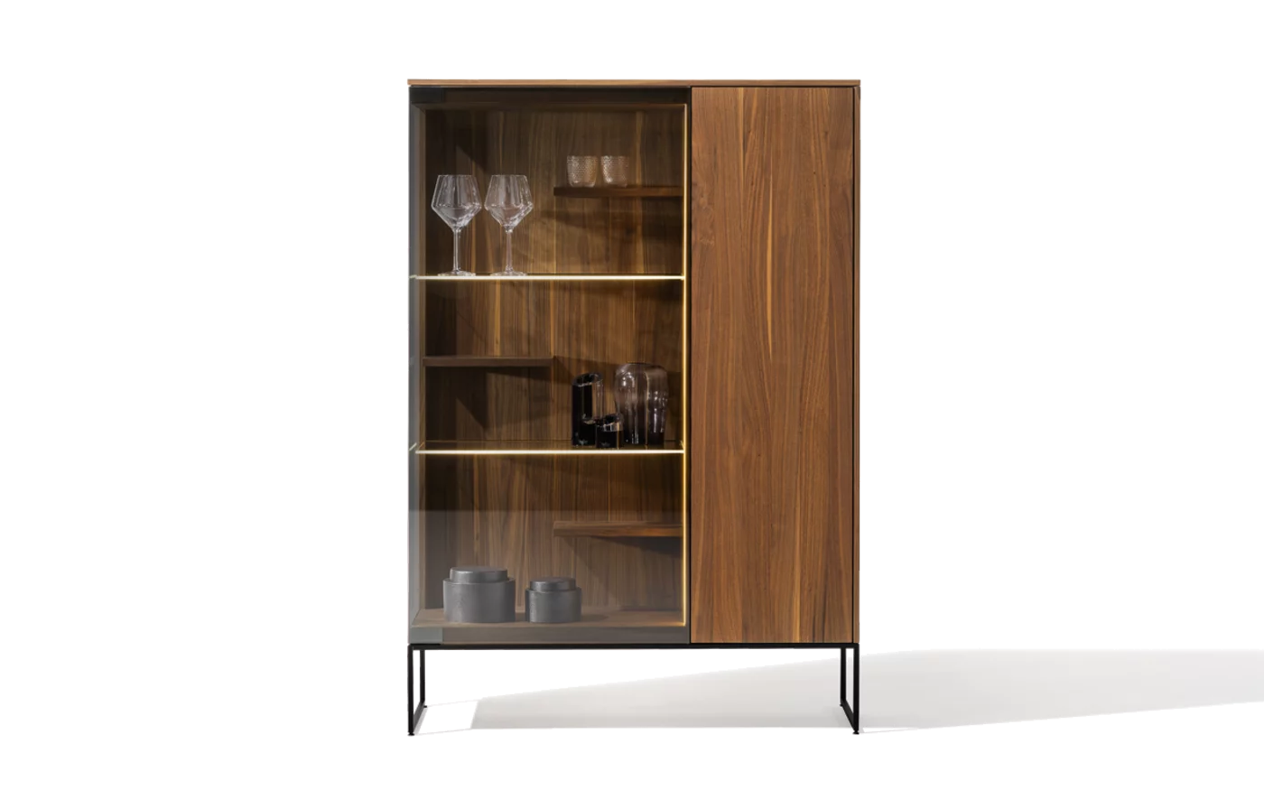 highboard in walnut with smoked glass, framed by a black metal frame modern filigno highboard made of solid walnut with smoked glass, framed by a black metal frame