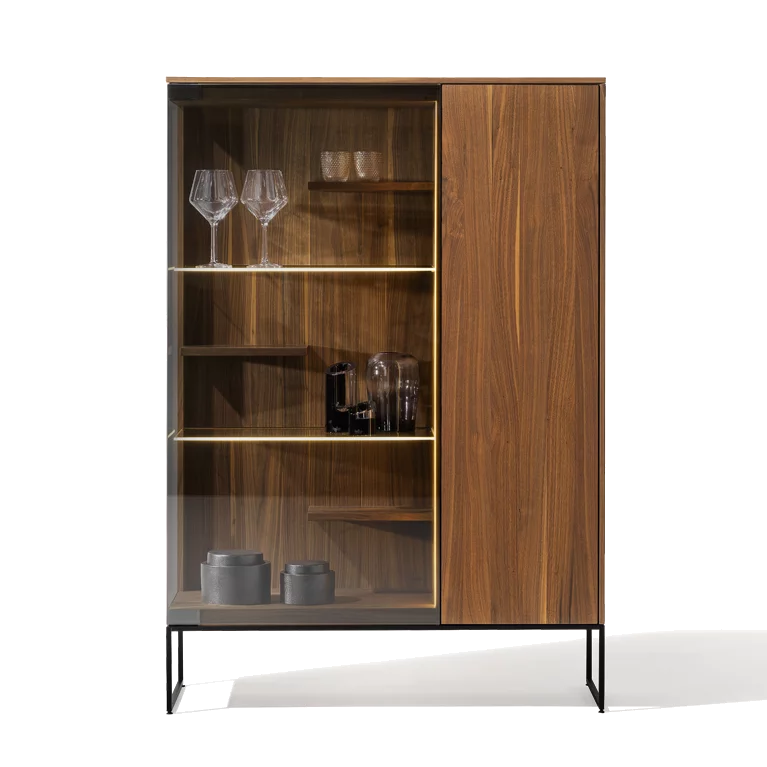 highboard in walnut with smoked glass, framed by a black metal frame modern filigno highboard made of solid walnut with smoked glass, framed by a black metal frame