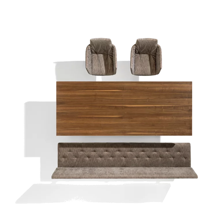 extendable wooden dining table with matching chairs and an upholstered bench, top view tema extendable walnut dining table with grand lui chairs and yps upholstered bench, top view