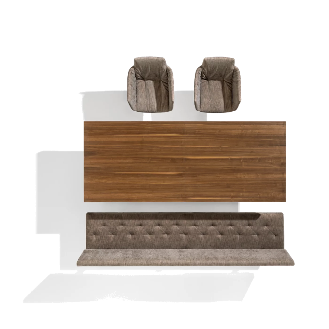 extendable wooden dining table with matching chairs and an upholstered bench, top view tema extendable walnut dining table with grand lui chairs and yps upholstered bench, top view