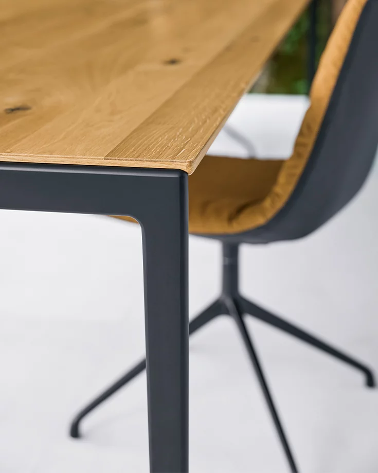 solid wooden table with frame in matt black, detailed picture extendable table tak solid with frame in black matt and lui chair, detail picture