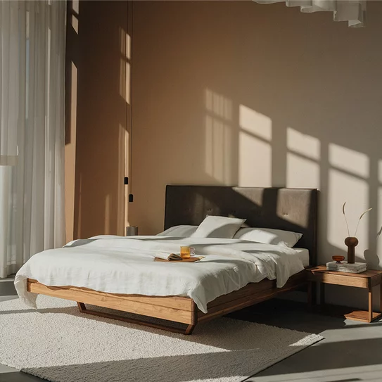 Float solid wood bed with leather headboard and float bedside cabinet in natural oak oil