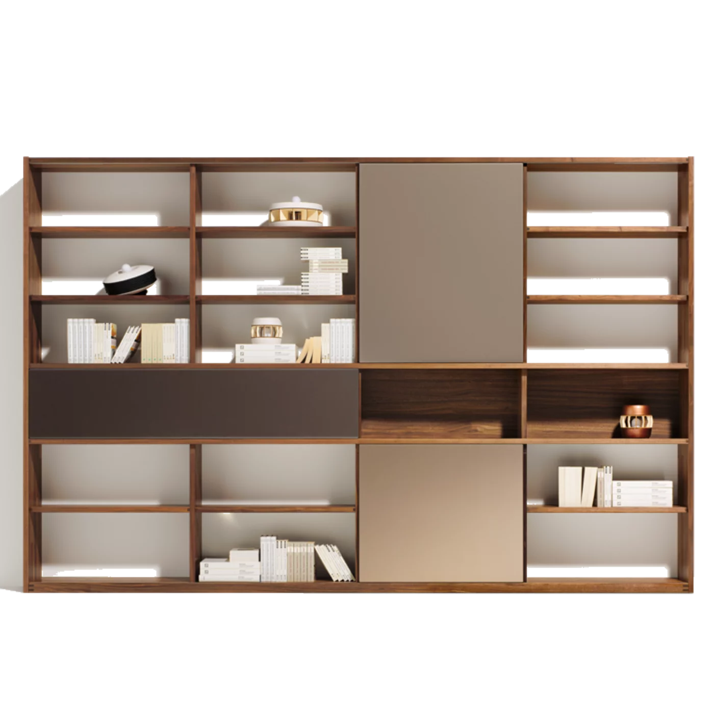 cubus Regal in Nussbaum mit Drehtüren und Schiebetüren elegantes cubus Regal in Massivholz Nussbaum mit Drehtüren und Schiebetüren in Holz und Farbglas bronze