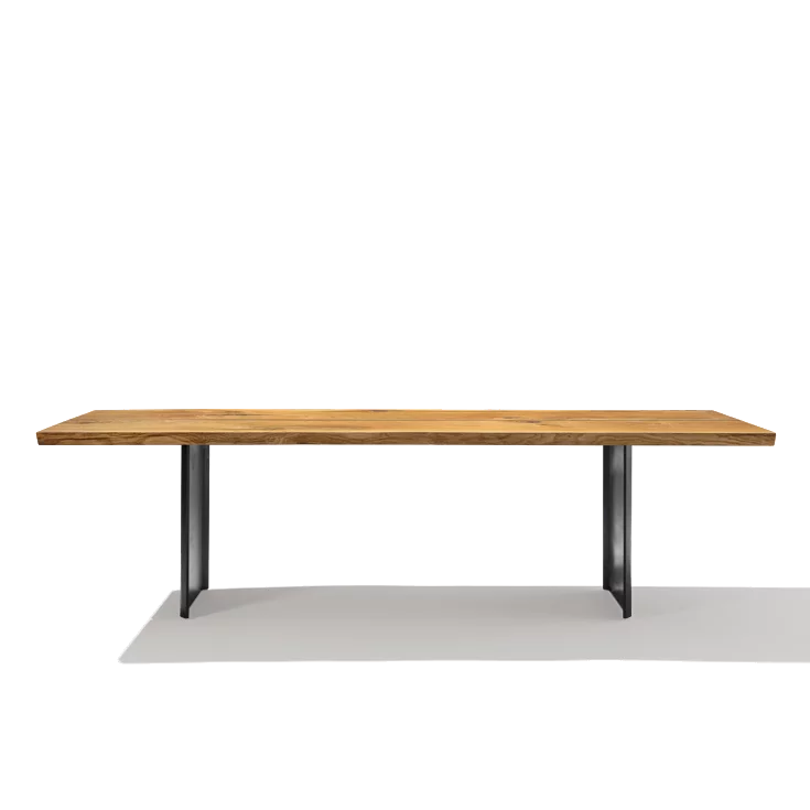 rustic brushed oak table made of solid wood with burnished steel, side view echt.zeit dining table made of solid wood in rustic brushed oak with burnished steel frame, side view
