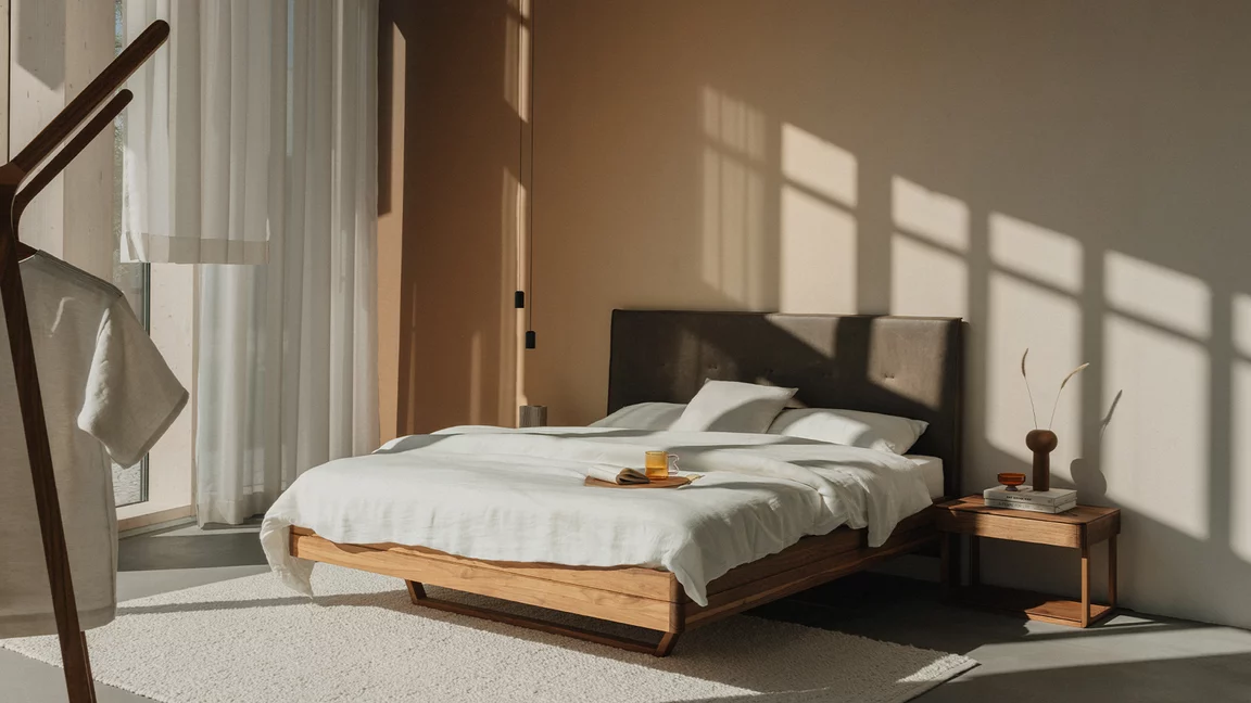 solid wooden bed with leather headboard and float bedside table wooden bed float in solid walnut with leather headboard and the float bedside cabinet