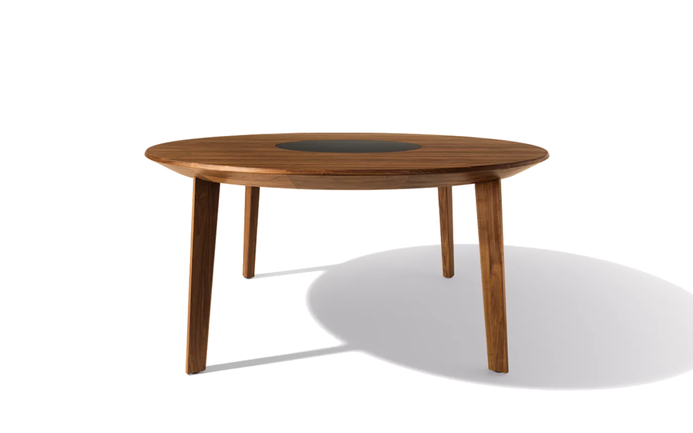 round extendable table in walnut with turntable extendable, round miró wooden dining table in walnut with integrated turntable