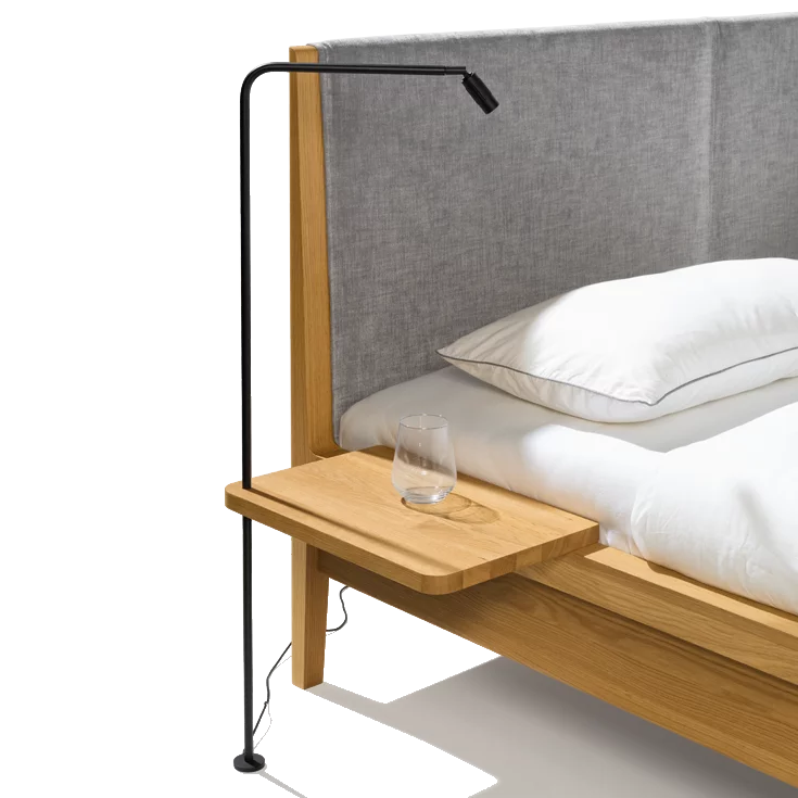 mylon bed with bedside cabinet in solid oak, detailed view mylon bed with bedside cabinet and upholstered headboard in solid oak, detailed view