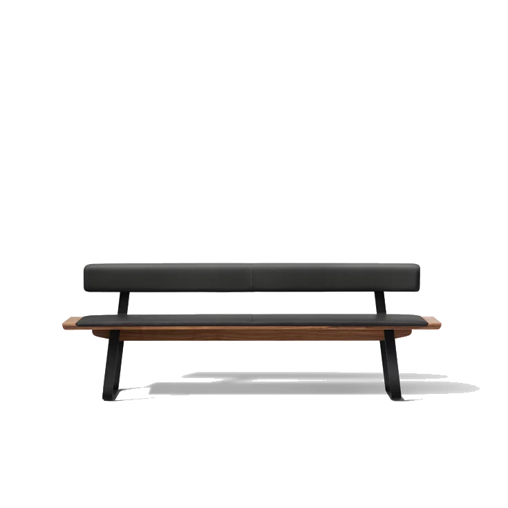 bench in walnut with leather backrest and metal sliders, front view nox bench in walnut with comfortable leather backrest with metal sliders in matt black, front view