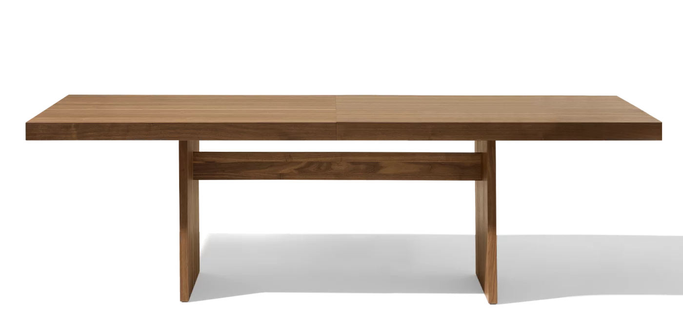 extendable wooden dining table, side view extendable dining table tema made of wood in walnut, side view