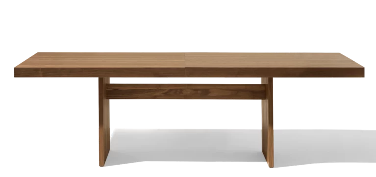 extendable wooden dining table, side view extendable dining table tema made of wood in walnut, side view