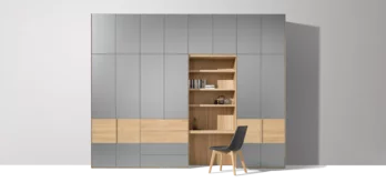 hinge door wardrobe with intermediate element dressing table and the lui plus chair made of solid wood valore hinge door wardrobe with coloured glass fronts and intermediate unit dressing table matching the lui plus chair with wooden frame in oak white oil