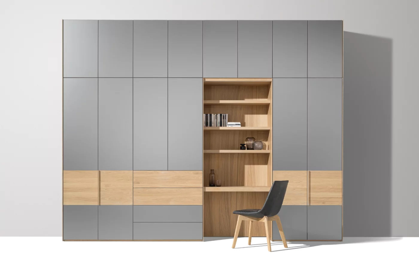 hinge door wardrobe with intermediate element dressing table and the lui plus chair made of solid wood valore hinge door wardrobe with coloured glass fronts and intermediate unit dressing table matching the lui plus chair with wooden frame in oak white oil
