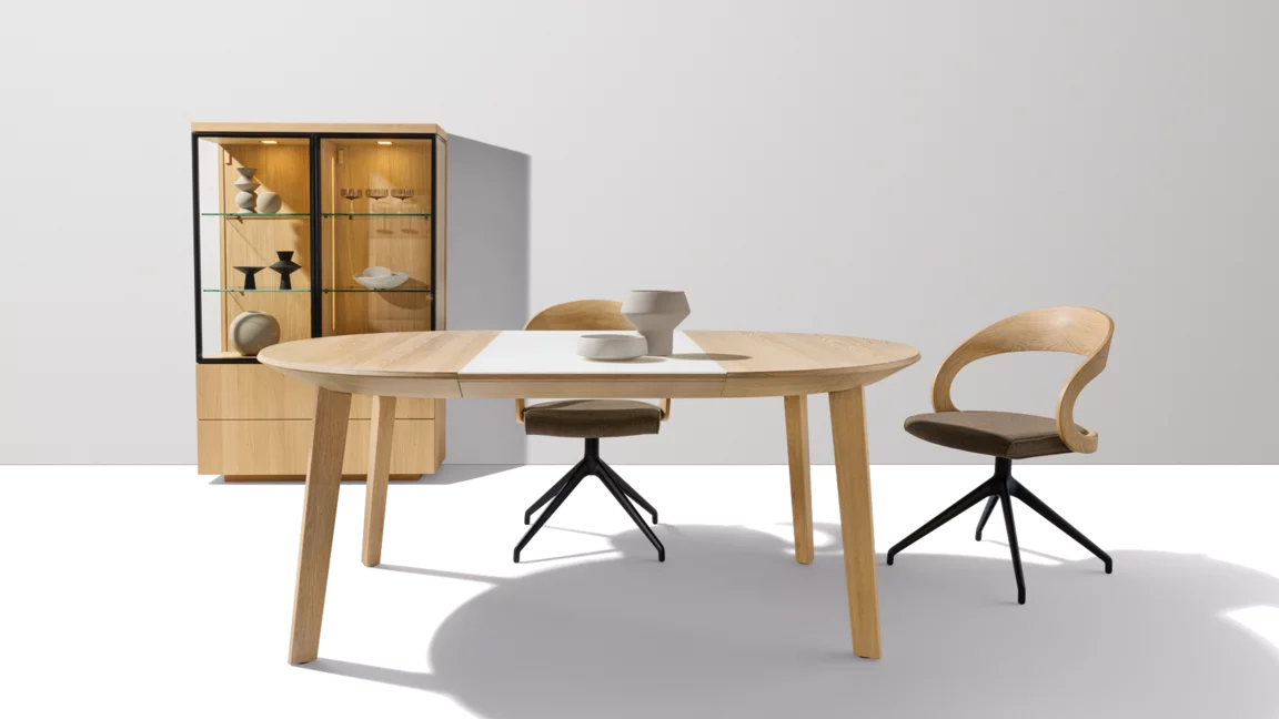 round & extendable dining table with elegant chairs miró round & extendable dining table in oak white oil with elegant girado chairs