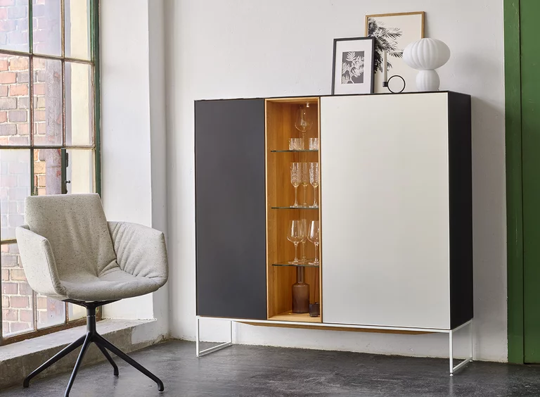 cubus pure highboard with glass doors and niche elegant cubus pure highboard oak with runners, glass doors, glass side panels, niche with glass compartments and lighting