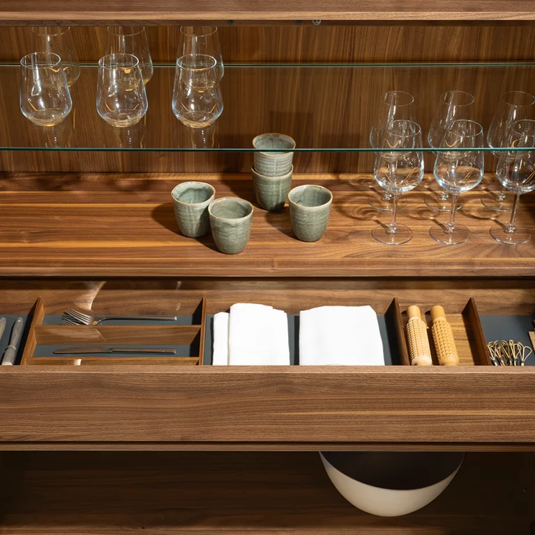cutlery drawer and storage space in walnut cabinet organised cutlery drawer and storage space in elegant filigno highboard in walnut