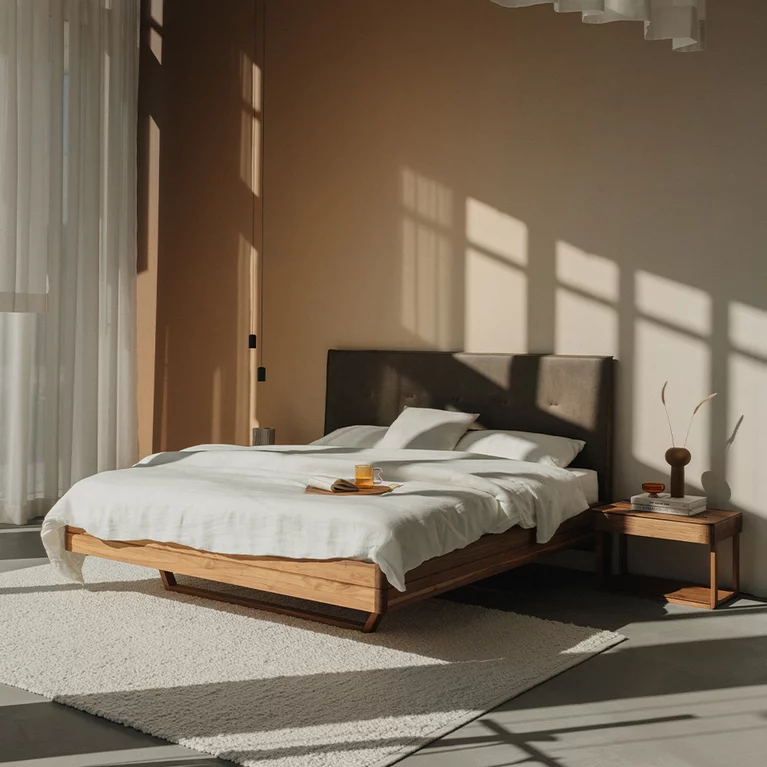 solid wooden bed with leather headboard and float bedside table wooden bed float in solid walnut with leather headboard and the float bedside cabinet