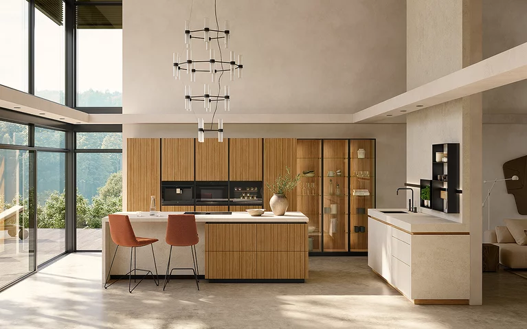 Modern solid wood designer kitchen with functional alcove elements and elegant bar stools Modern design kitchen echt.zeit evo in natural oiled oak and MDi masai blanco plus with clear glass display cabinets sign elements and lui bar stools