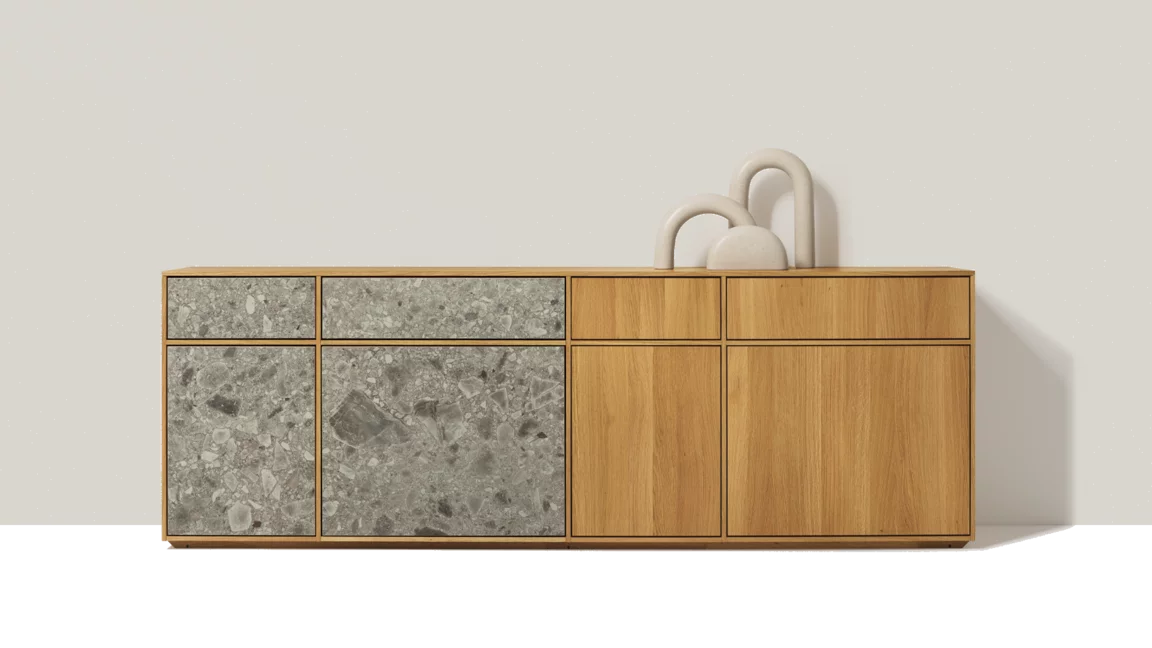Sideboard aus Eiche Massivholz mit MDi Frontelementen Sideboard filigno aus Eiche Massivholz mit MDi iseo gris Frontelementen