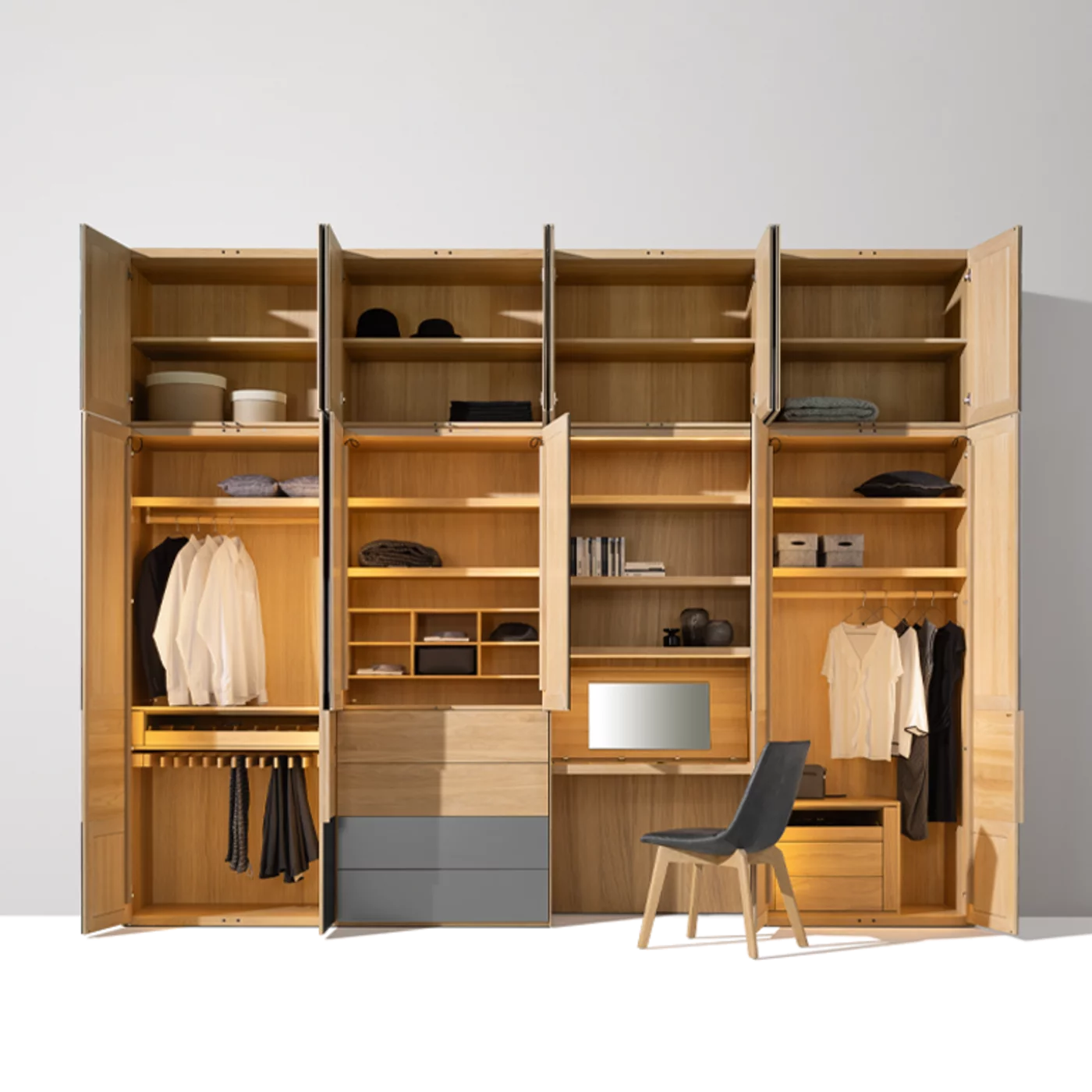 hinged door wardrobe made of solid wood to match the lui chair valore hinged door wardrobe illuminated in oak white oil with coloured glass anthracite matt matching the lui chair