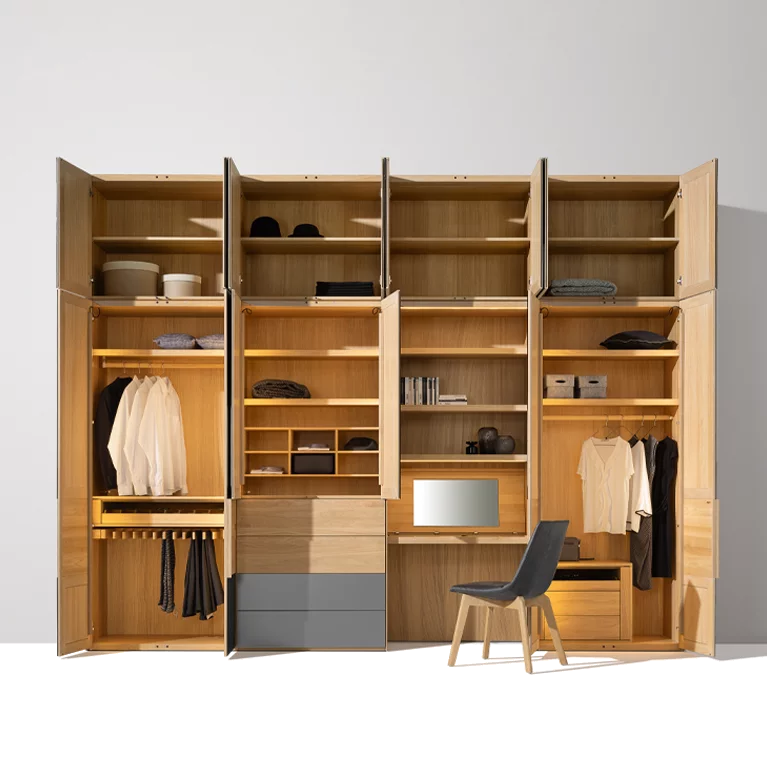 hinged door wardrobe made of solid wood to match the lui chair valore hinged door wardrobe illuminated in oak white oil with coloured glass anthracite matt matching the lui chair