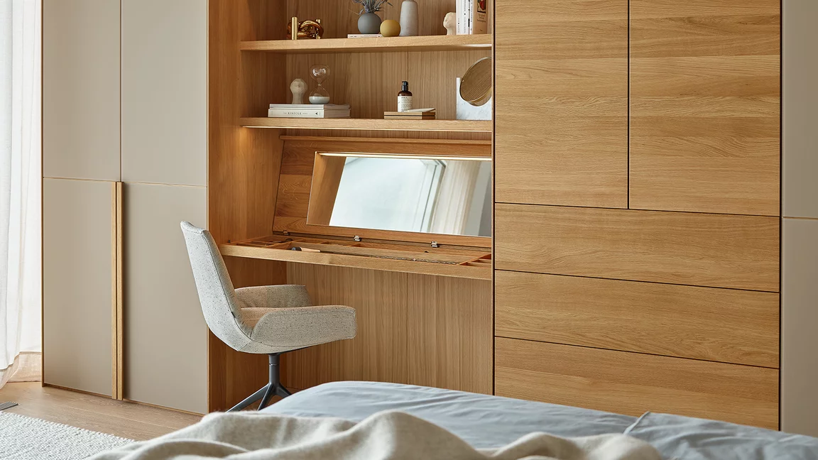 hinge door wardrobe with intermediate unit solid wood dressing table and with the lui plus chair lunetto hinged door wardrobe with intermediate unit illuminated dressing table in oak wood and with the upholstered lui plus chair with swivel base in matt black