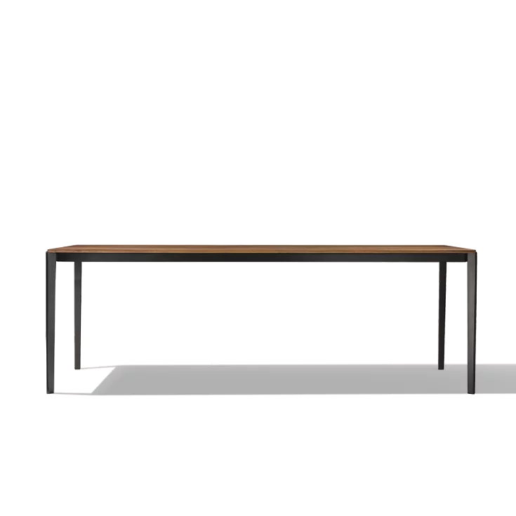 wooden dining table with frame in matt black, side view tak dining table wood extendable with frame in black matt, side view