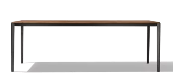 wooden dining table with frame in matt black, side view extendable dining table tak made of wood with frame in matt black, side view