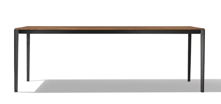 wooden dining table with frame in matt black, side view extendable dining table tak made of wood with frame in matt black, side view