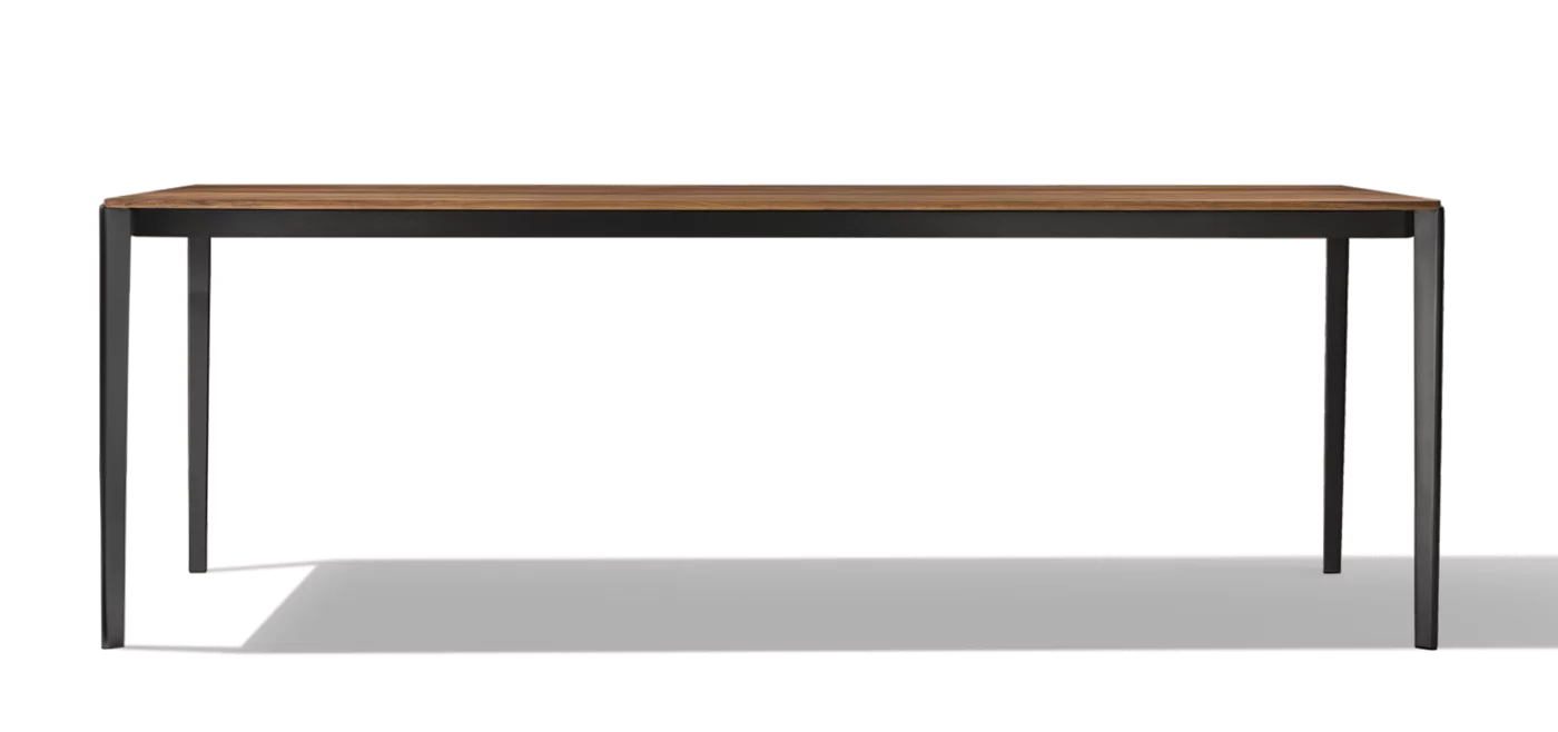 wooden dining table with frame in matt black, side view extendable dining table tak made of wood with frame in matt black, side view